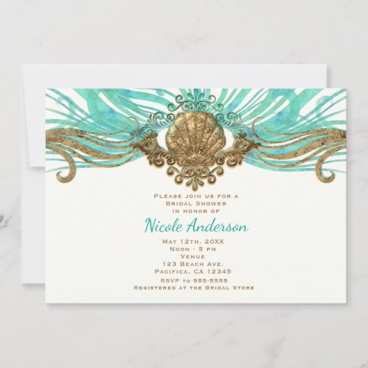 Gold & Turquoise Sea Shell Glam Beach Invitations (Devant)