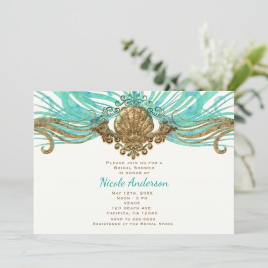 Gold & Turquoise Sea Shell Glam Beach Invitations (Debout devant)