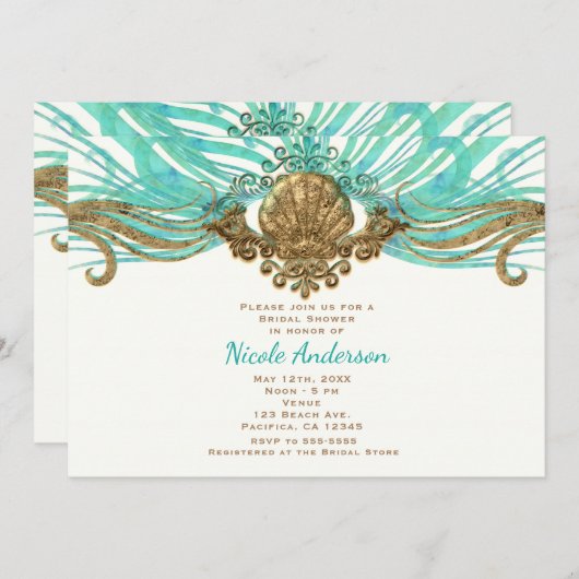 Gold & Turquoise Sea Shell Glam Beach Invitations (Devant / Derrière)