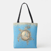 Gold Turtle Monogram Sterren Glitter op Blauw Draagtas (Achterkant)