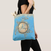 Gold Turtle Monogram Sterren Glitter op Blauw Draagtas (Dichtbij)