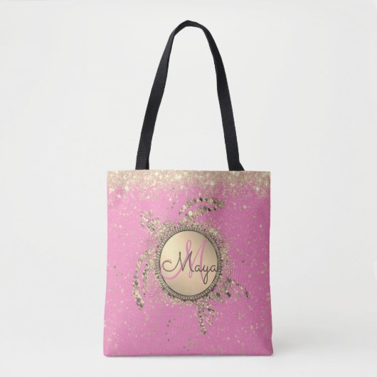 Gold Turtle Monogram Sterren Glitter Roze Draagtas (Voorkant)