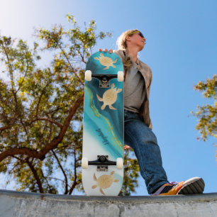 Gold Turtle Tribal Blauwgroen Ink Agate Monogram. Skateboard