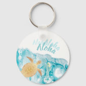 Gold Turtles Blue Ink Aloha Text Sleutelhanger (Achterkant)