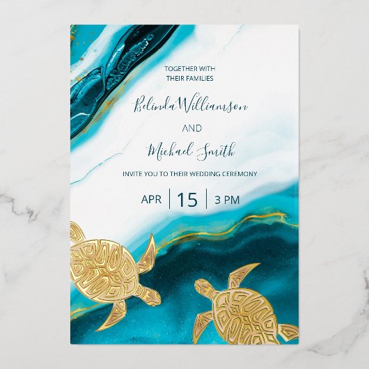 Gold Turtles Teal Ink Agate Wedding   Folie Uitnodiging (Voorkant)