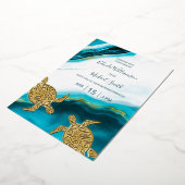 Gold Turtles Teal Ink Agate Wedding   Folie Uitnodiging (Gedraaid)