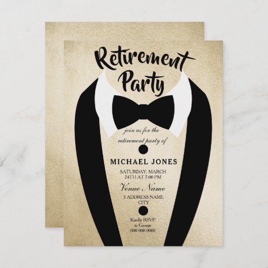 Gold Tuxedo Bow Cravate de retraite Invitation (Devant / Derrière)