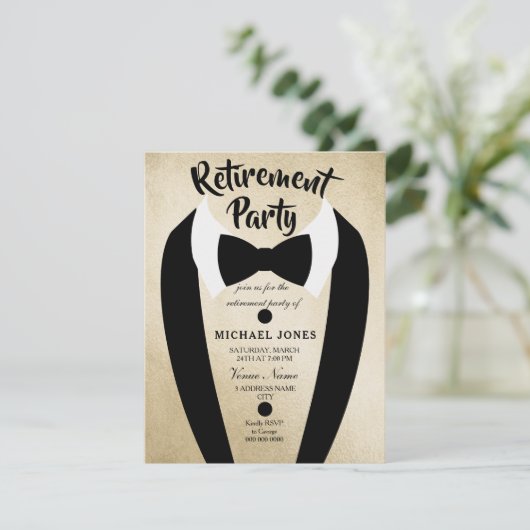 Gold Tuxedo Bow Stropdas Retirement Party Invite Kaart (Staand voorkant)