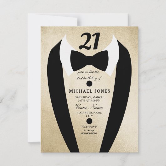 Gold Tuxedo Mannen 21e verjaardag Uitnodiging (Voorkant)