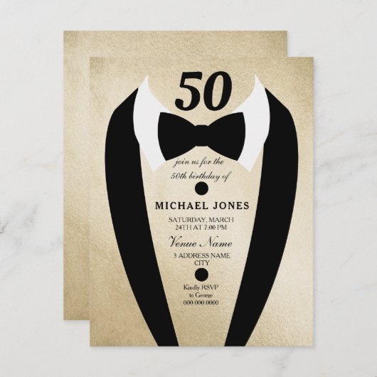 Gold Tuxedo Mannen 50th Birthday Party Invitation Kaart (Voorkant / Achterkant)