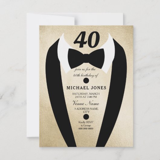 Gold Tuxedo Mens 40e anniversaire Invitation de la (Devant)