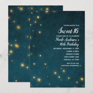 Gold Twinkle Stars Celestial Sky Sweet 16 Party Kaart