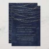 Gold Twinkle String Lights Waterverf Blue Wedding Kaart (Voorkant / Achterkant)