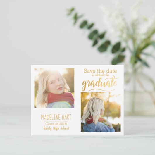Gold Typografie Afstuderen | Sparen de Datum Twee Briefkaart (Staand voorkant)