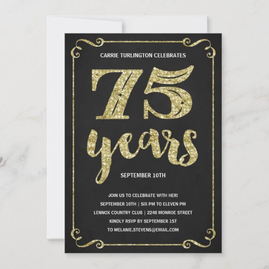 Gold Typografie | Faux Foil 75th Birthday Party Kaart (Voorkant)
