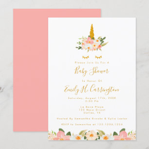 Gold Unicorn Baby shower Invitation Kaart