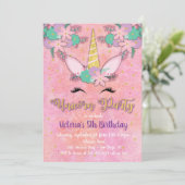 Gold Unicorn Floral Anniversaire Fête Invitation (Debout devant)