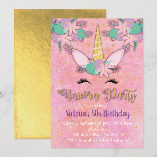 Gold Unicorn Floral Anniversaire Fête Invitation (Devant / Derrière)