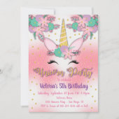 Gold Unicorn Floral Anniversaire Fête Invitation (Devant)