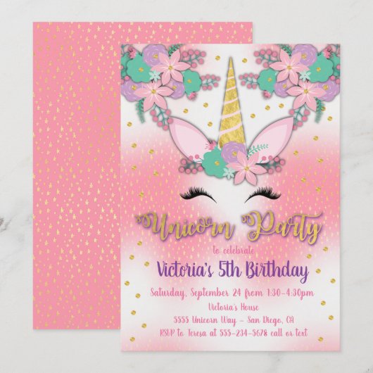 Gold Unicorn Floral Anniversaire Fête Invitation (Devant / Derrière)