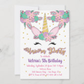 Gold Unicorn Floral Anniversaire Fête Invitation (Devant)