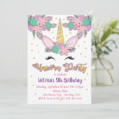 Gold Unicorn Floral Anniversaire Fête Invitation (Debout devant)