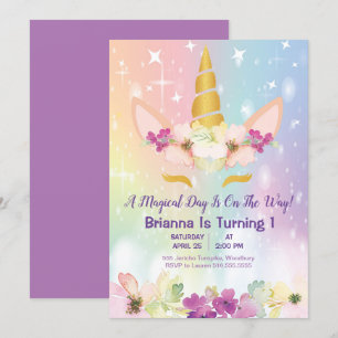 Gold Unicorn Rainbow 1er anniversaire Invitation