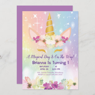 Gold Unicorn Rainbow 1er Birthday Invitation
