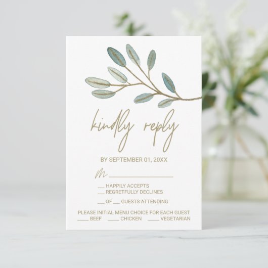 Gold Veined Eucalyptus Menu Keuze RSVP-kaart (Staand voorkant)