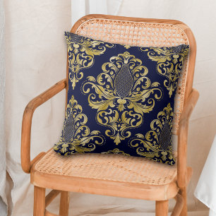 Gold Victoriaans Damask-patroon op blauw Kussen