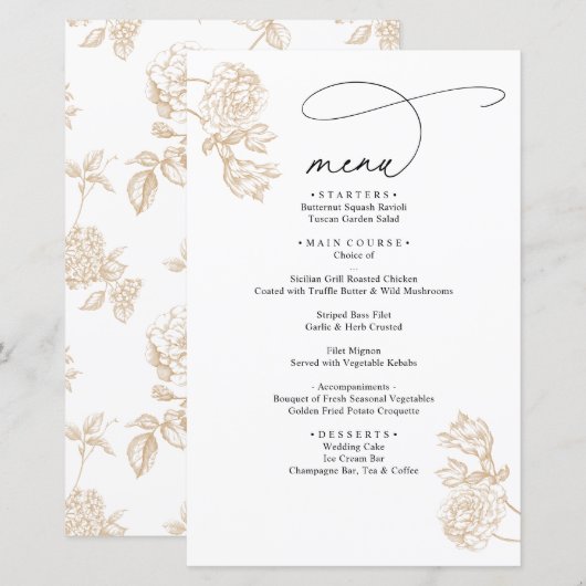 Gold Vintage Floral Modern Script Wedding Menu (Devant / Derrière)