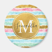 Gold Watercolor Stripes Monogram Magneet (Voorkant)