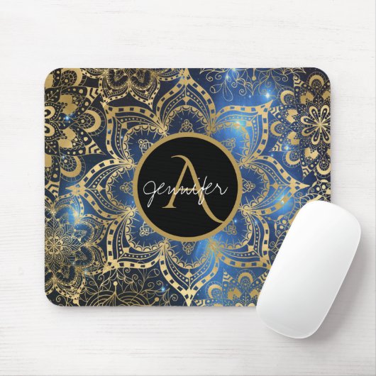 Gold waterverf en nebula mandala Blue Monogram Muismat (Met muis)