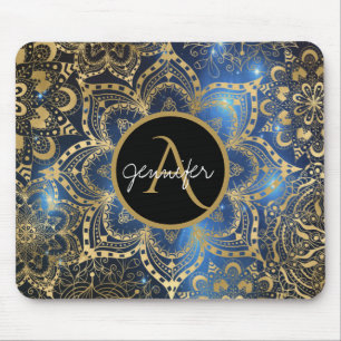 Gold waterverf en nebula mandala Blue Monogram Muismat
