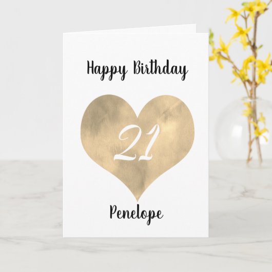 Gold Waterverf Heart 21st Birthday-kaart Kaart (Gele Bloem)