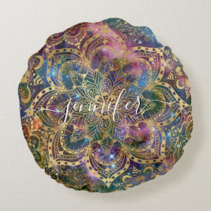 Gold Waterverf Nebula Gold Mandala Aangepaste naam Rond Kussen