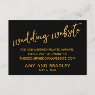Gold Waves & Handwriting Black Wedding Website Informatiekaartje