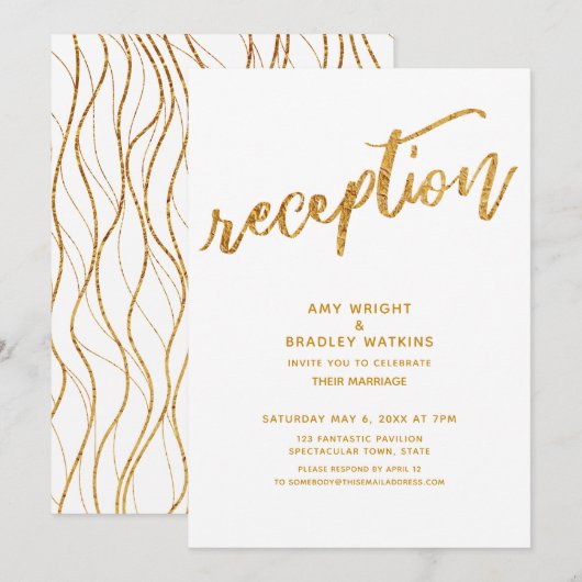 Gold Waves & Handwriting White Weduwen Reception Kaart (Voorkant / Achterkant)