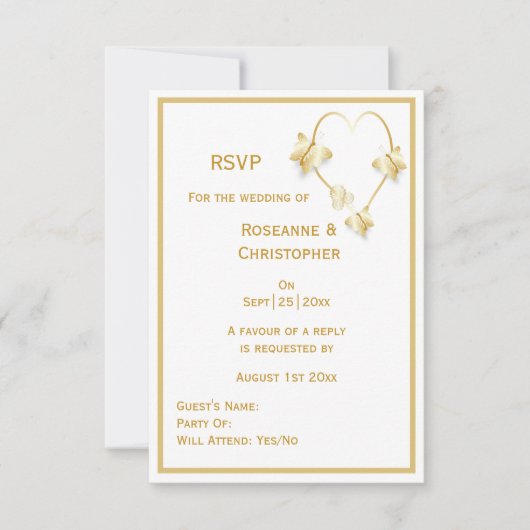 Gold Wedding Carte RSVP Papillons Coeur (Devant)