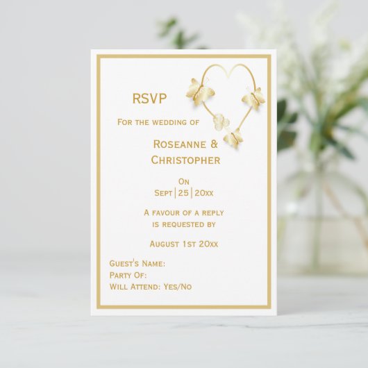 Gold Wedding Carte RSVP Papillons Coeur (Debout devant)
