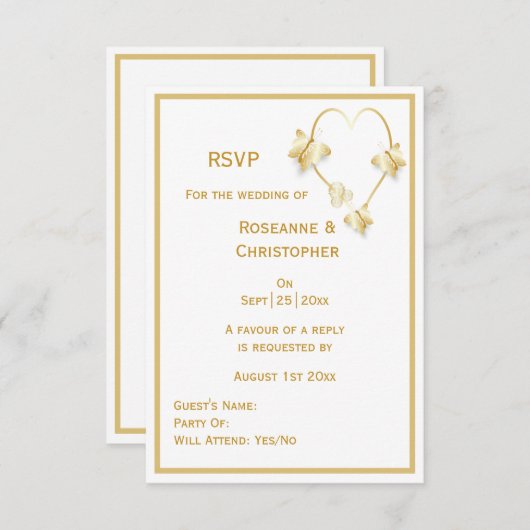 Gold Wedding Carte RSVP Papillons Coeur (Devant / Derrière)