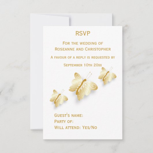 Gold Wedding Carte RSVP Papillons Design (Devant)