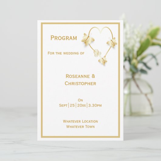 Gold Wedding Church Programma Vlinders Hart (Staand voorkant)