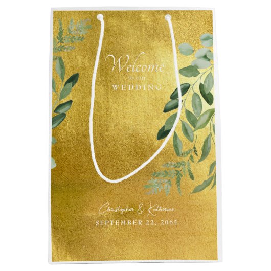 Gold Wedding Favor Welcome Foliage Medium Cadeauzakje (Voorkant)