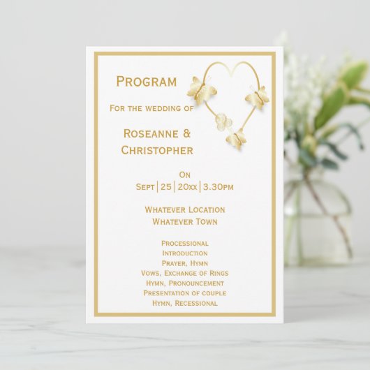 Gold Wedding programma Vlinders Hart (Staand voorkant)