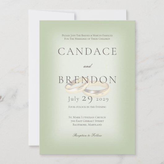 Gold Wedding Rings op Sage Wedding Uitnodiging (Voorkant)