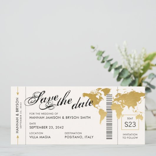 Gold Wereldkaart boarding Pass Ticket Save the Dat Aankondiging (Staand voorkant)