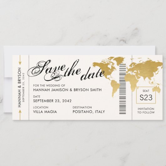 Gold Wereldkaart boarding Pass Ticket Save the Dat Aankondiging (Voorkant)