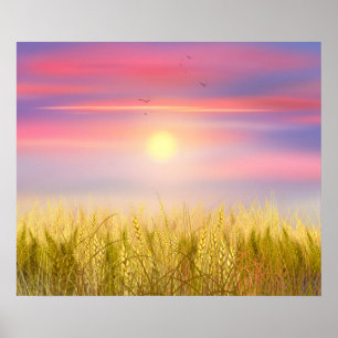 Gold Wheat Field Sunset sky Oil Painting Summer Poster