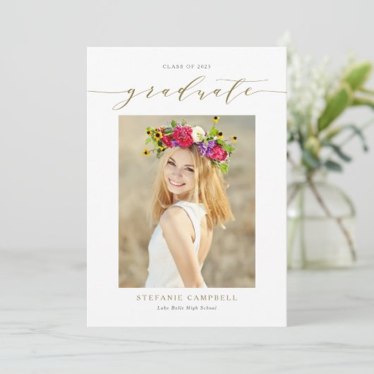Gold Whimsical Script Photo Afstuderen Aankondiging (Staand voorkant)